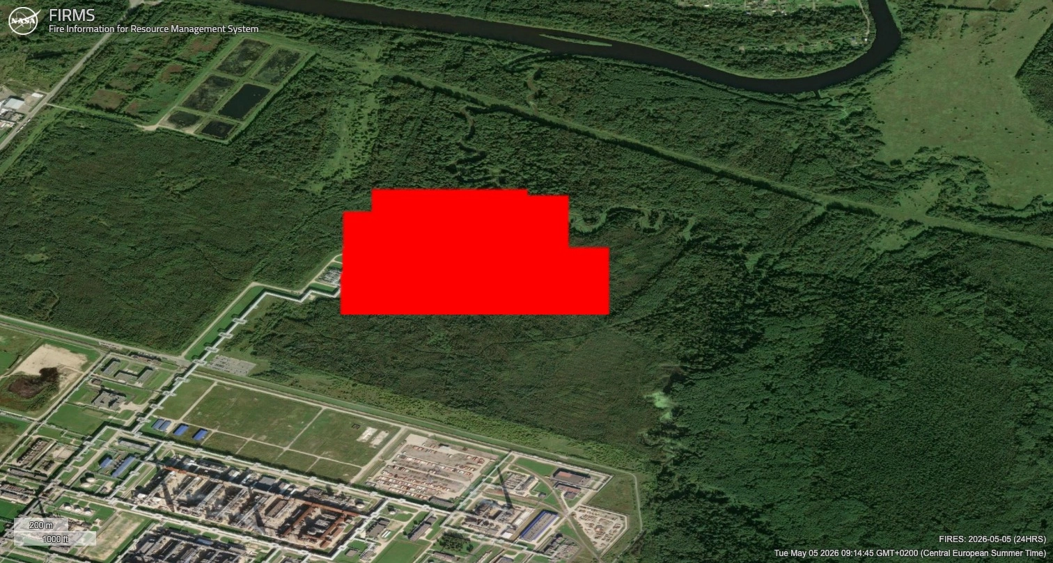 Satellite imagery indicating a fire on the grounds of the refinery’s flare system