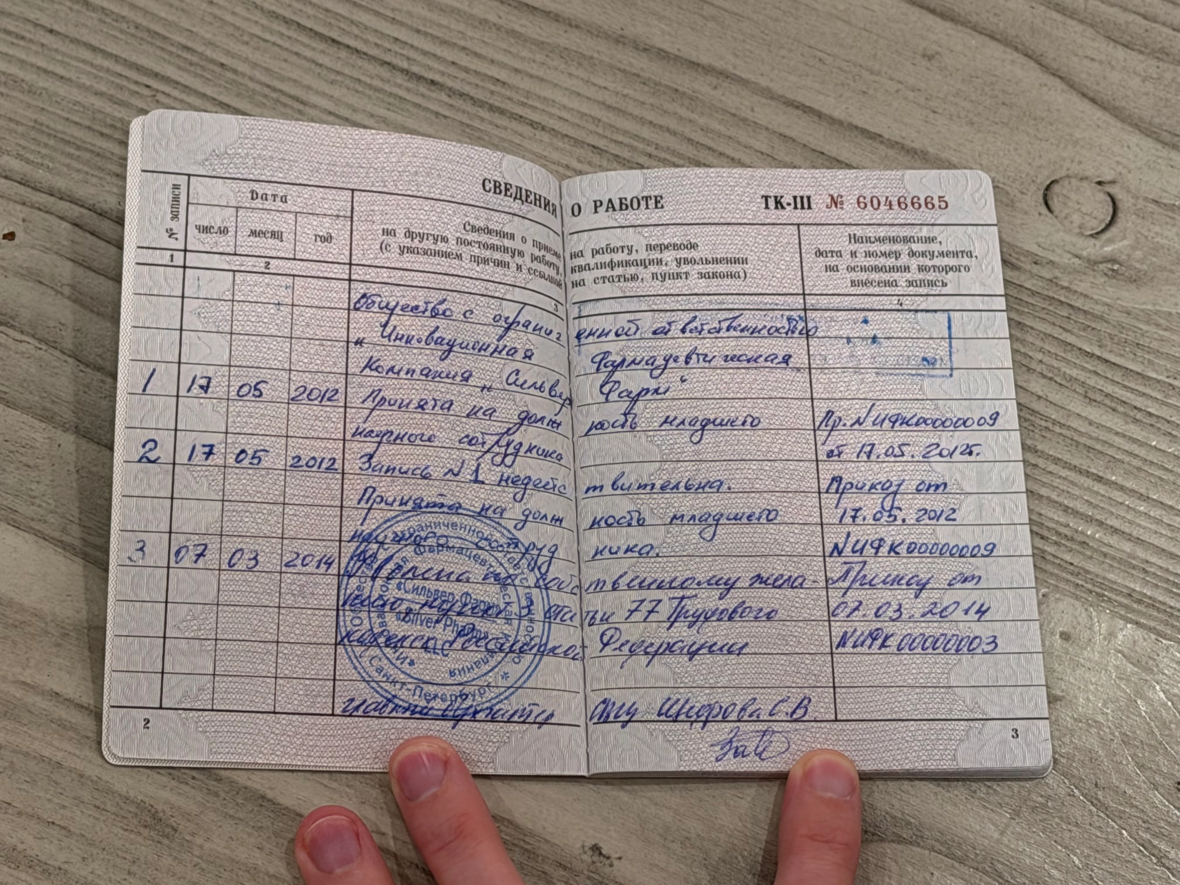Nadezhda Zavyalova’s employment record signed by Alexander Nikiforov