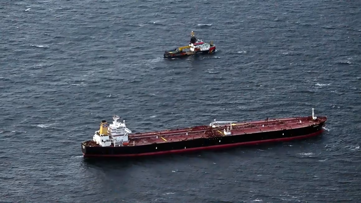 Russia's former “shadow fleet” tanker Eventin, confiscated by Germany’s federal government in March 2025, pictured off the coast of the island of Rügen. Photo: Stefan Sauer / picture-alliance / AP