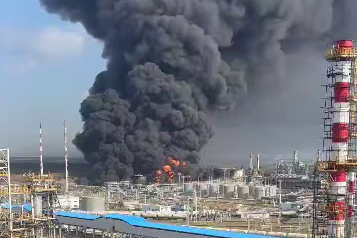 The Novoshakhtinsk refinery in Russia’s southern Rostov Region after a drone attack in August 2025. Source: social media