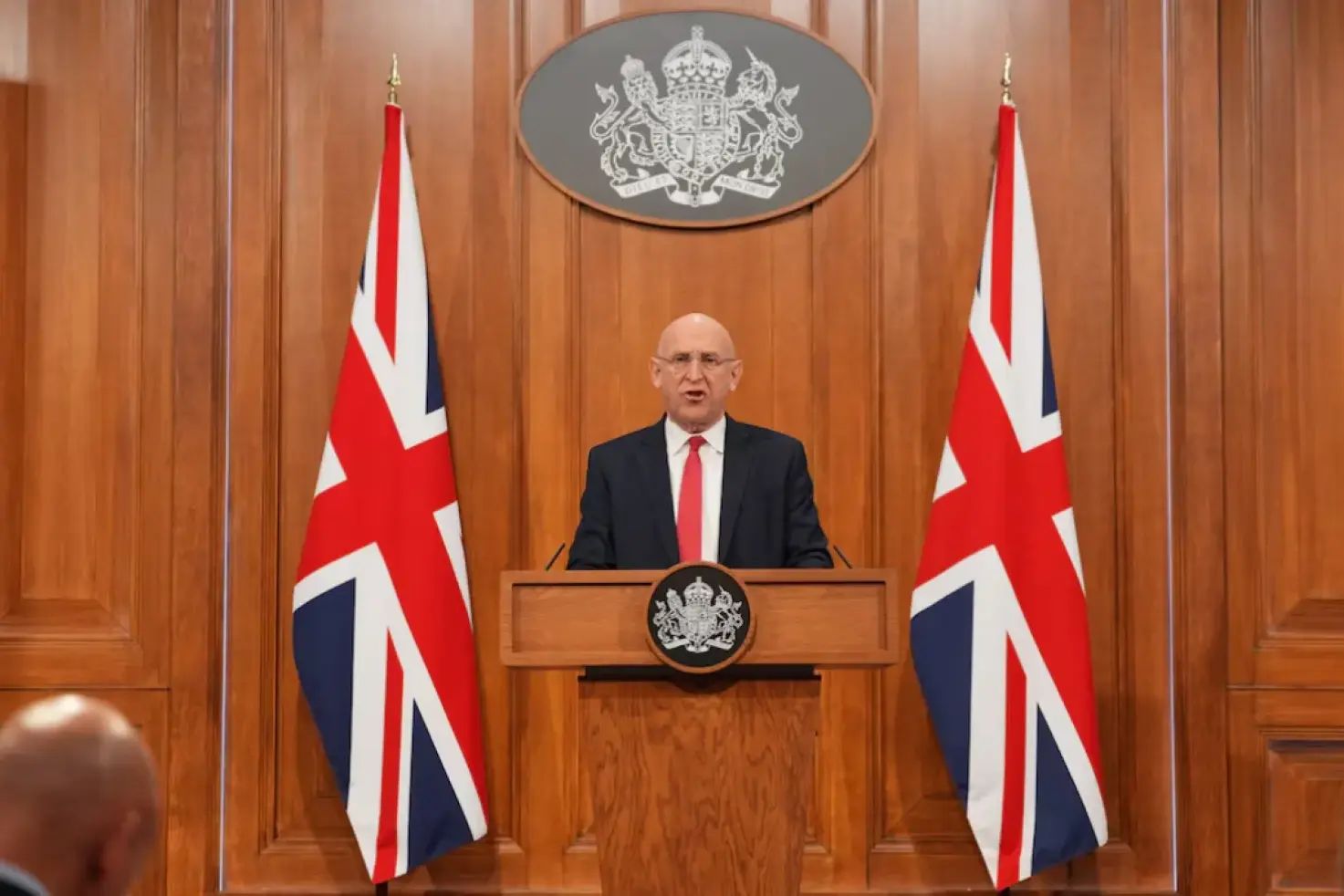Britain’s Defense Secretary John Healey speaks on recent UK operational activity at 9 Downing Street in Westminster, London, on April 9, 2026. Photo: Yui Mok / Pool via Reuters